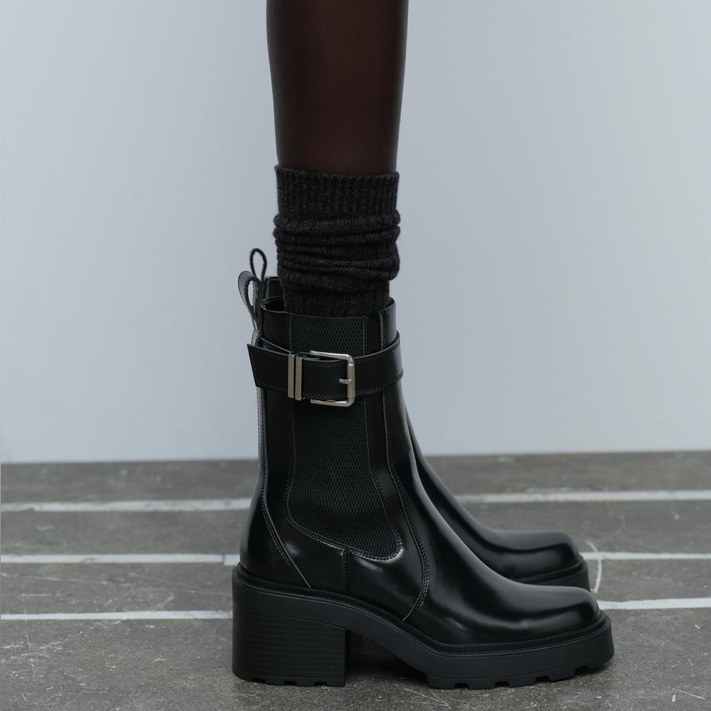 NEW Zara Buckled Chelsea Ankle Boots Heeled Black Shoe Women's 40